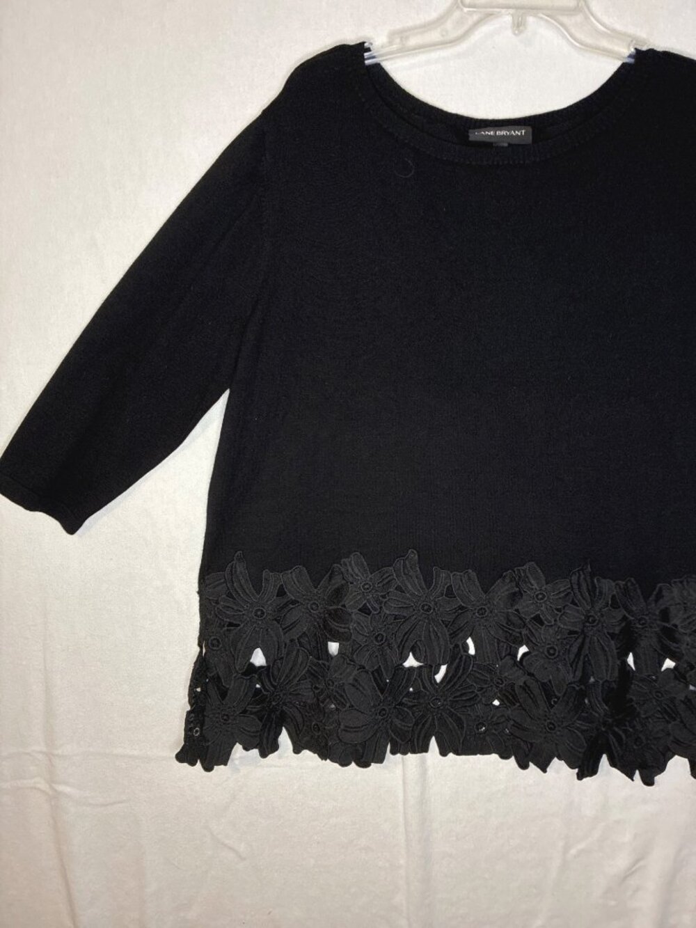Lane Bryant 18/20 Black Knit Sweater Battenberg Lace Hem Boat Neck Plus Size